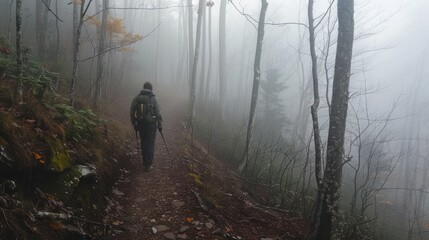 A hiker exploring a trail in the Smoky Mountains with dense fog