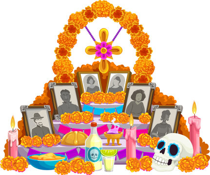 Cartoon day of the dead dia de los muertos mexican ofrenda altar adorned with traditional marigolds, candles, skulls and framed photos, it reflects the rich cultural heritage and ancestral remembrance