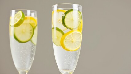 A glass of sparkling water with lemon and_