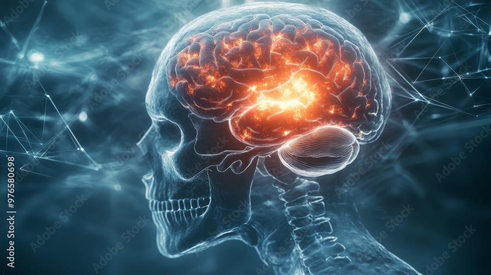 Aufkleber human brain anatomy with exploding neurons and network background