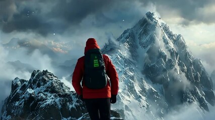Conquering the Summit: A lone hiker stands on a snow-capped peak, gazing at a breathtaking mountain range shrouded in mist.  A powerful image of perseverance and the thrill of exploration.