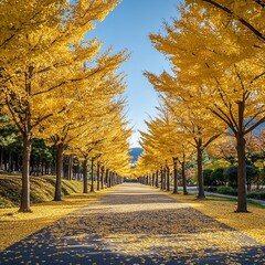 yellow ginkgo trees and yellow ginkgo leave the road at Ginkgo avenue Golden Autumn park