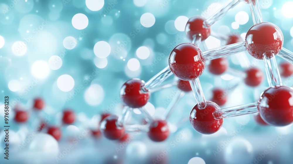 Poster abstract molecular structure with red spheres and blue bokeh background