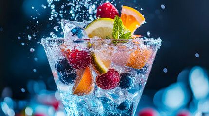 Crushed ice overflowing from a cocktail glass, with vibrant fruit slices decorating