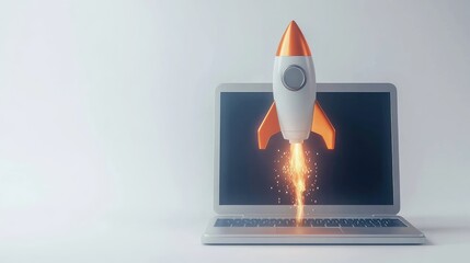 A white and orange rocket ship launches from a laptop computer, representing a digital takeoff, new technology, and a successful business venture.
