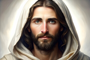 The Divine Gaze: A portrait of Jesus Christ, his serene eyes reflecting compassion and wisdom, radiating an aura of peace and divinity. 