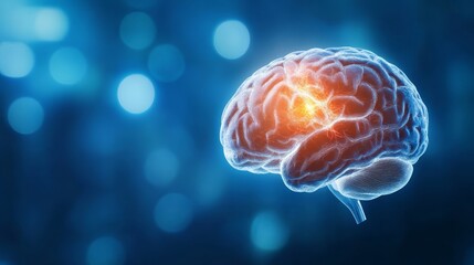 Obraz premium Human Brain D Model with Glowing Light Blue and Orange Background