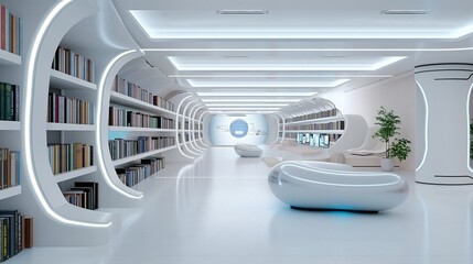 A modern library with interactive digital bookshelves and holographic displays, in a sleek interior