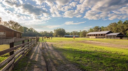 A horse farm with stables and a riding arena.