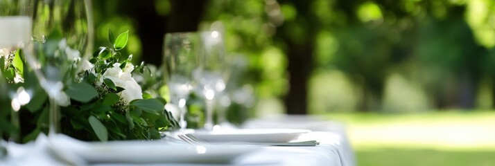 The image shows an elegantly set outdoor dining table with glasses, plates, and floral decorations, likely prepared for a wedding or formal event amidst lush greenery.
