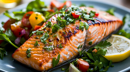 dish featuring a grilled salmon fillet, garnished with a fresh herb salad and a tangy lemon