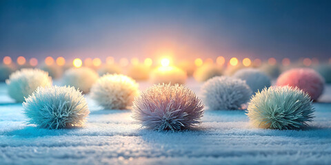 Winter Wonderland Glow: Pastel pom-poms sparkle in the ethereal glow of sunset over a snow-kissed landscape, evoking a sense of warmth and magic. 