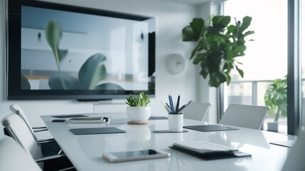 A high-resolution photo of a business meeting in a clean, modern conference room with a large screen, engaging and professional