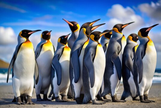A group of penguins standing on a beach