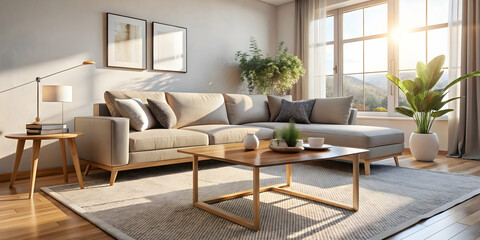 Sunlight Drenched Living Room: A cozy and inviting living room bathed in warm sunlight, featuring a plush sectional sofa, a stylish coffee table, and lush plants.  The large windows offer a scenic vie