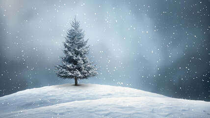 Fototapeta premium Christmas tree in a snowy winter landscape with falling snowflakes at night