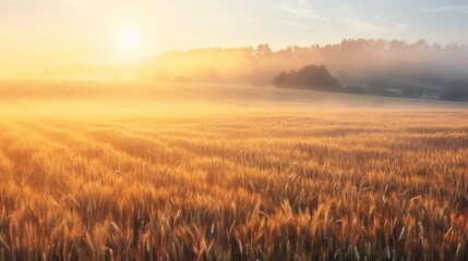 Fototapeta premium fog covering a golden field of wheat during golden hour, with the sun casting a warm glow on the landscape and creating a peaceful and idyllic scene, with copy space for text