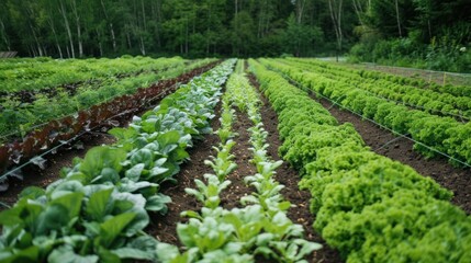 A lush organic farm with rows of diverse crops.