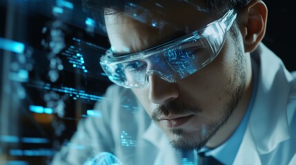 Scientist observing data through augmented reality interface, futuristic technology visualization. AI generated