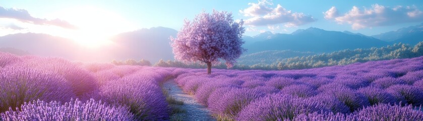 Fototapeta premium Lavender Field with Blooming Tree and Mountains at Sunset