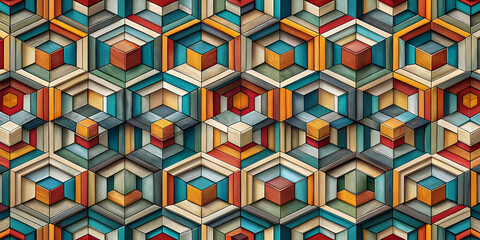 Geometric Hexagon Pattern: A mesmerizing, abstract pattern of colorful hexagons with a 3D effect. The image is perfect for backgrounds, digital art, and design projects.  