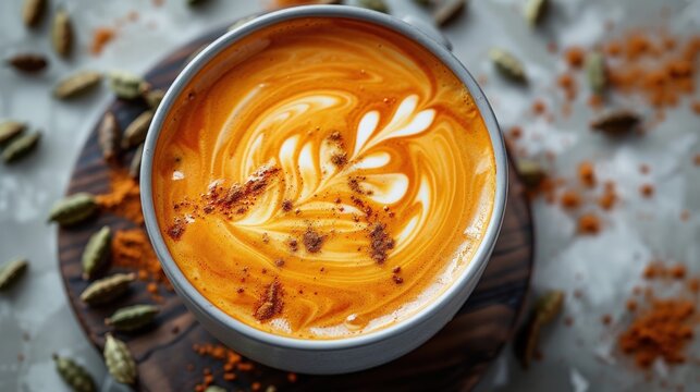 Top view of a cup of turmeric latte with latte art and spices on a wooden coaster.