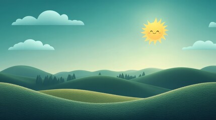 Cartoon Sun Smiling Over Green Hills and Clouds