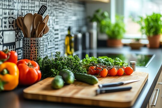 Fresh Vegetables on Cutting Board in Modern Kitchen