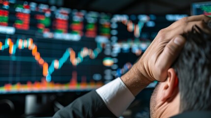 Close-up of a businessman hand holding his head in frustration, with multiple monitors in the background showing stock market data plummeting. Office lighting is dim.