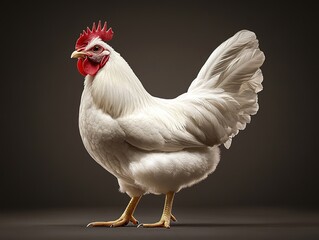 Fototapeta premium A fluffy white chicken stands on a dark background. .