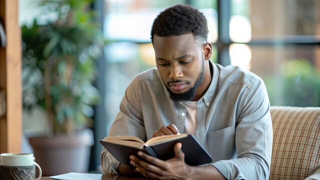 American African  Man Studying Bible Book