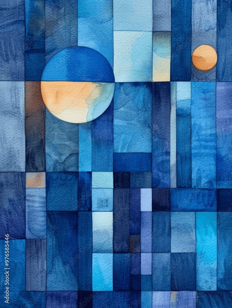 Poster abstract blue watercolor painting with geometric patterns of squares and circles modern art print de