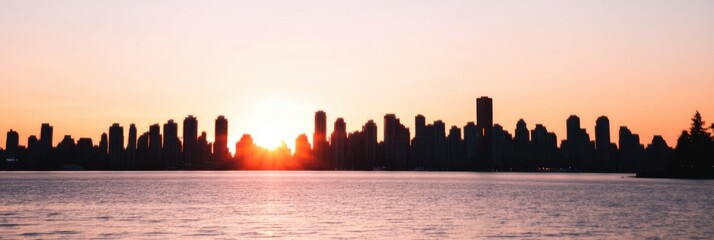 Obraz premium A stunning silhouette capture of a city's skyline at sunset, showcasing the tall buildings with the sundown casting a warm glow over the water, highlighting the urban landscape.