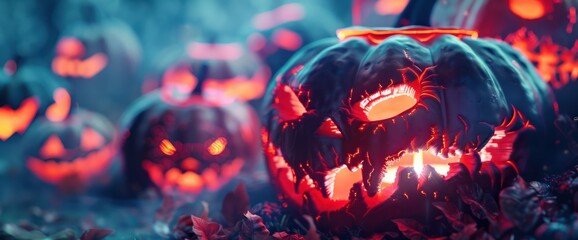Spooky carved pumpkins, glowing in a ghostly coral light, haunting the Halloween night.
