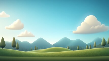 Cartoon Green Hills and Sky Landscape with Clouds