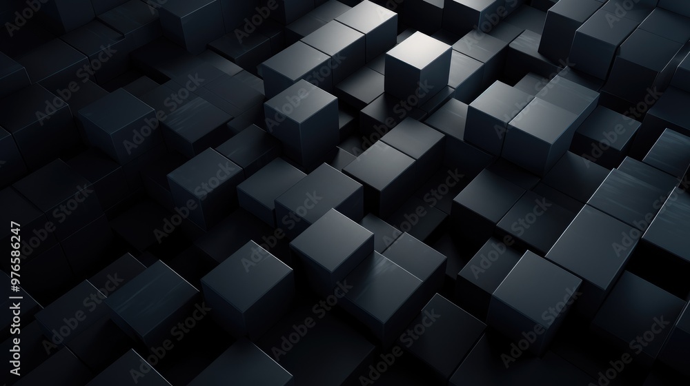 Poster abstract dark gray 3d cubes background with light reflection.