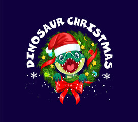 Christmas dinosaur Santa in wreath for greetings on winter holiday, cartoon vector. Funny Jurassic dino lizard with happy face muzzle in Christmas pine tree wreath with golden stars and snowflakes