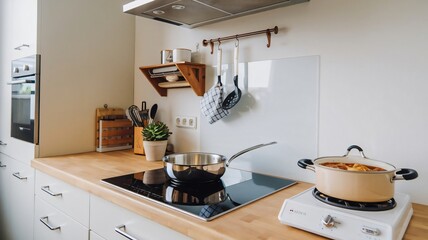 Modern Kitchen Interior with Stainless Steel Pots and Induction Stovetop