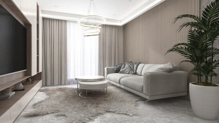 Modern, luxury living room with gray sofa, white coffee table on rug, tree, television in sunlight from sheer, beige blackout curtain for interior design decoration, product background 3D