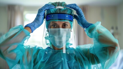 A nurse donning PPE before entering a patientâ€™s room.