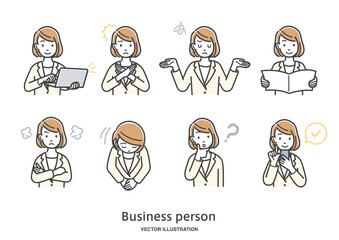 女性会社員の表情や仕草のイラスト素材セット