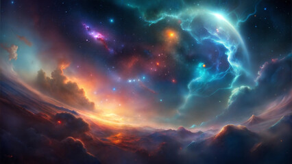 Fototapeta premium Stunning cosmic landscape with swirling clouds, nebulae, and a vibrant planet in space.