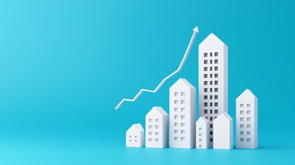 White buildings with an upward arrow on a blue background. Concept of real estate growth, success, and market trends.