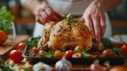 Home cook seasoning a roast chicken with herbs and spices, preparing for roasting in a modern kitchen © thekob5123