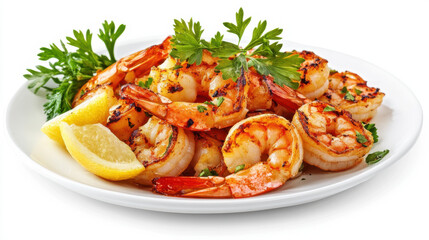 Grilled shrimps served on a white plate