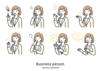 女性会社員の表情や仕草のイラスト素材セット