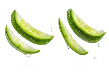 Flying cucumber has water drop with slices collection isolated on white background , ai