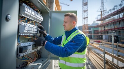 Electrician Working on Construction Site Electrical Panel