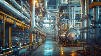 Obraz premium Modern factory interior with intricate network of exposed pipes and ventilation ducts, high-tech machinery