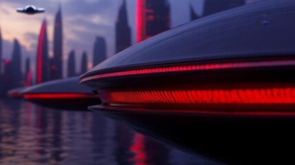 Fototapeta premium Futuristic city floating on water modern buildings with neon lights futuristic architecture reflections in water flying vehicles blue tones scifi cityscape urban landscape digital city futuristic desi